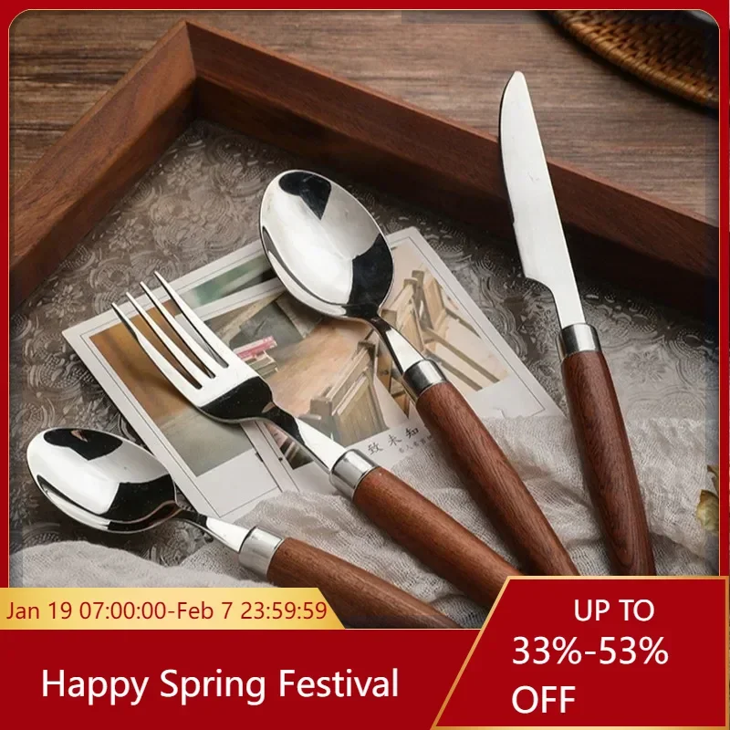Drevená rukoväť Taľno z nehrdzavejúcej ocele Nôž vidlice Spoon Western Cutlery Tea Spoon Steak Nôž vidlice kuchynská reštaurácia RETASIL