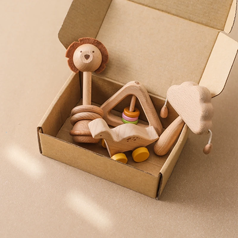 Drevené detské hrkálka sada detská komfortná hračka Montessori Toy Set Cartoon Dinosaur Car Drevená detská hrkálka Darček pre novorodencov Ručné hrkálka