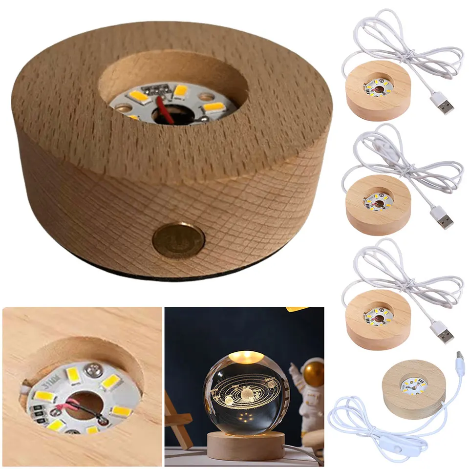 Drevené LED svetlo Display Base Round Crystal Glass Light Base Base Base Resin Lamp Display stojan pre krištáľovú sklenenú živicu