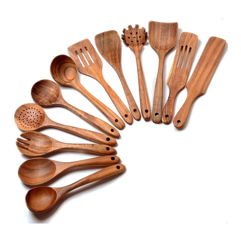 Drevené lyžice na varenie, 12 balení drevené náčinie na varenie kuchynských náter set drevené kuchynské náčinie Spatuly