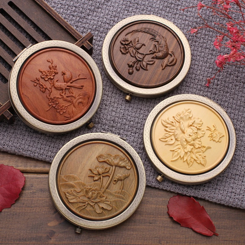 Drevené make -up zrkadlo prenosné zväčšovacie retro kompaktné zrkadlo zložené vreckové zrkadlo Darček