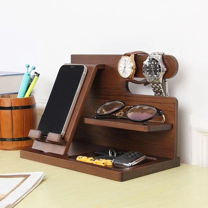 Drevené mobilné telefónne skladovacie stojan Office Desktop Stand Stand Watch Watch Viacúčelové vstupné okuliare skladovací stojan Nový štýl 2024