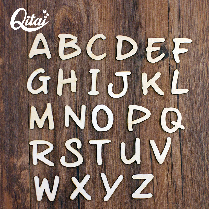 Drevené písmená AZ Anglické roztomilé slová Qitai 52ks/veľa na narodeninovú oslavu DIY Scrapbookig Craft Decoration Wooden Letter Card WF297