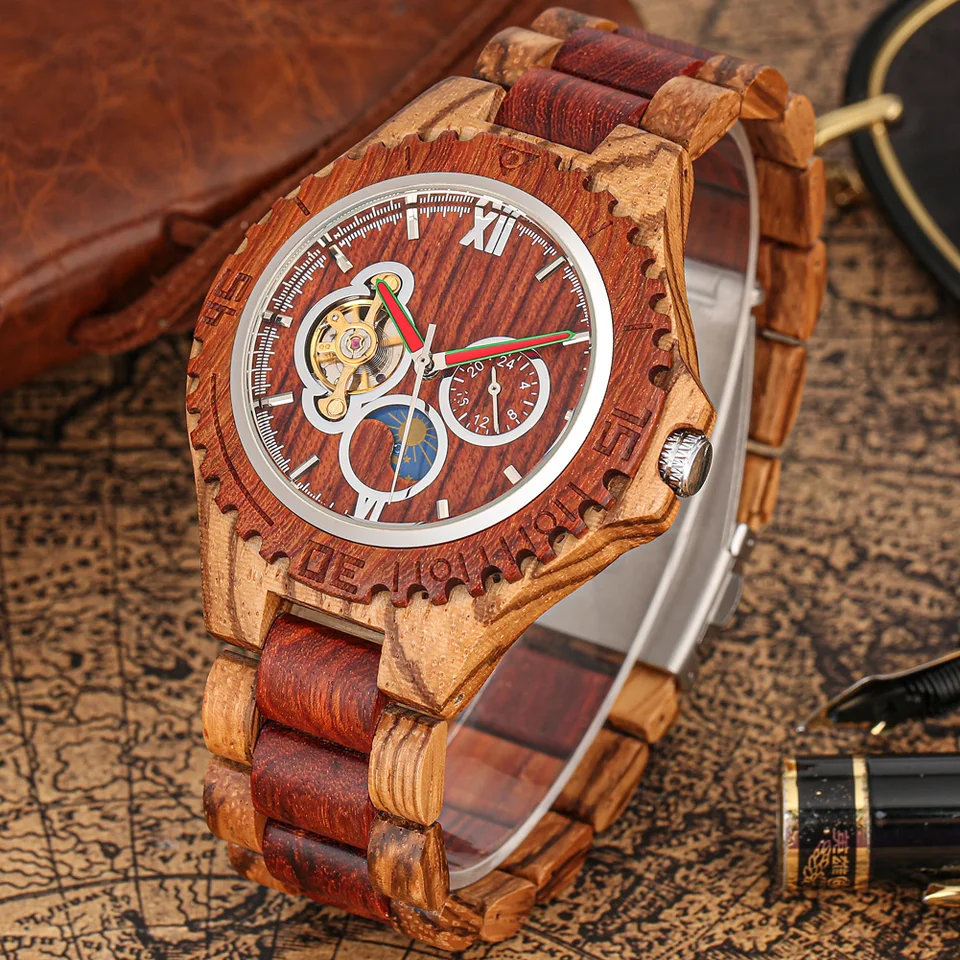 Drevení automatickí muži sledujú plné drevené náramkové náramky Zápasové sponky Skladač Stylish Mechanické samosprávne mužské hodinky