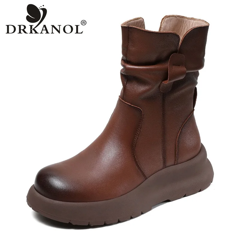 DRKANOL 2024 Ženy stredné topánky CALF Originálne kožené skladané bočné zipsové retro plošinové kliny Zimné teplé topánky Veľká veľkosť 41 42 43