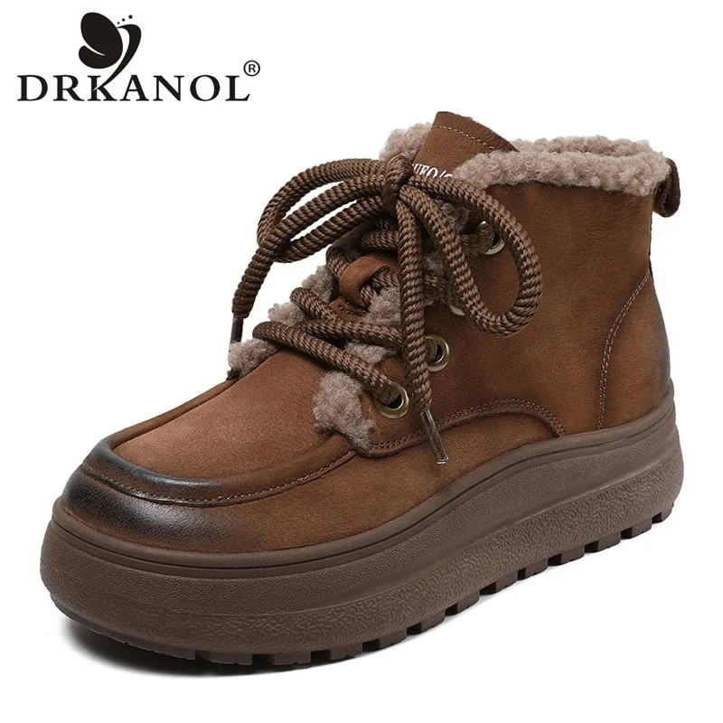 Drkanol luxusný dizajn retro štýl topánok Ženy Zimná plochá platforma Teplý členok Snehové topánky Dámy Originálne kožené silné podrážky topánky