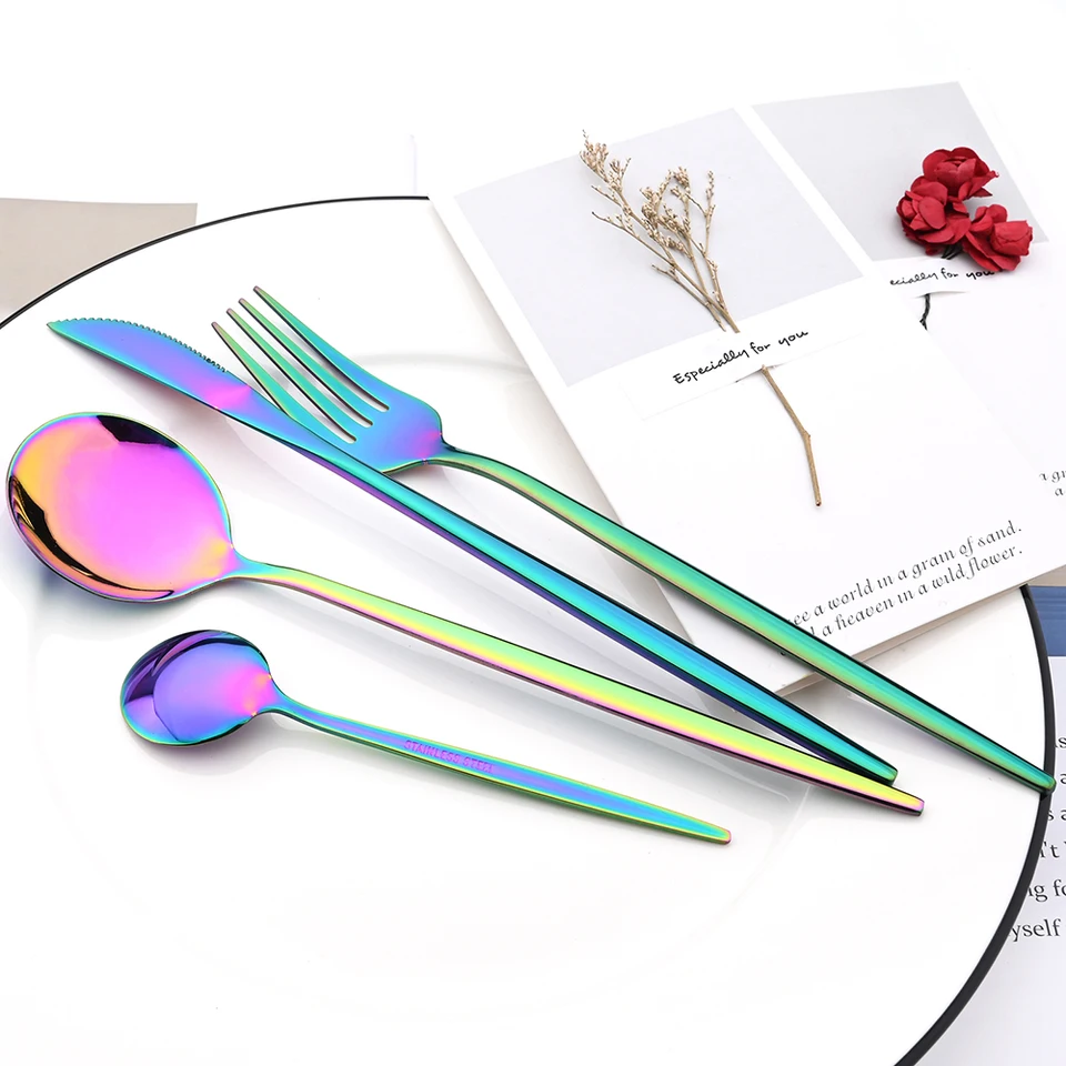 Drmfiy Rainbow Western Cutlery Set Set z nehrdzavejúcej ocele Desert nôž vidlice Spoons kuchy