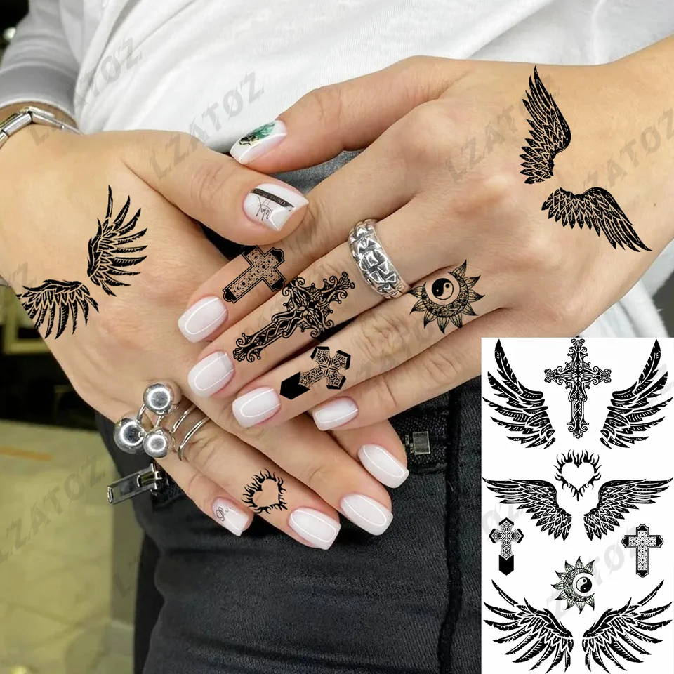 Drobné krídla krížové dočasné tetovanie pre ženu dospelý realistický anjelský perie falošný tetovací nálepka s prstom Prenos malá Tatoo