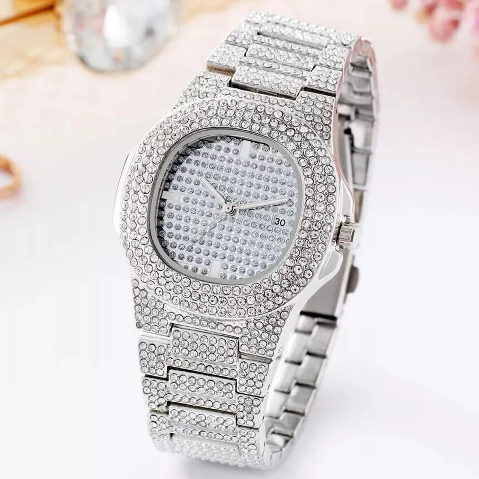 Drop Shipping Diamond Iced Out Watch Men Hip Hop Quartz Gold Pánske hodinky Top značka Luxusná oceľ mužské hodiny relogio maskulino