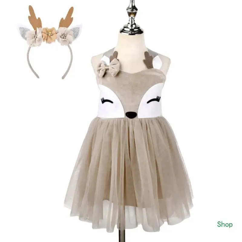 Dropship Girl Deer Kostýmské doplnky s šatami a čelenkou vianočné šiatky oblečenie pre deti Halloween vianočné cosplay