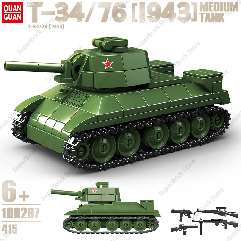 Druhá svetová vojna Sovietsky zväz T-34/76 [1943] Stredný tank Obrnený model Model Building Block Set Classic WW2 Arms Bricks Toy Darček