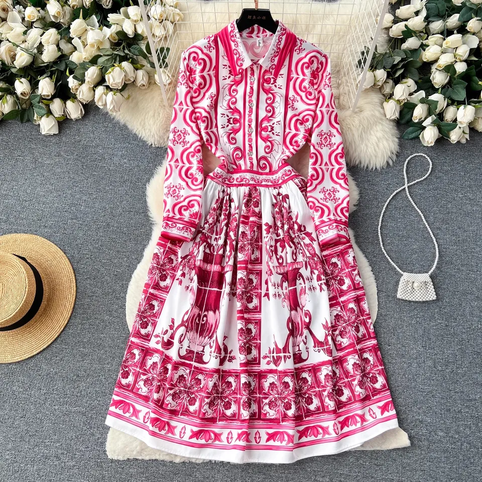 Dráha móda jeseň červená kvetina modrá a biela porcelánová košeľa šaty vintage dám ružový klopa s dlhým rukávom Midi Midi Vestidos
