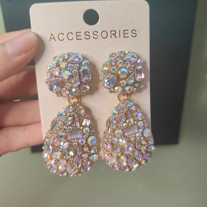Dráha svadobné šperky Vyhlásenie príslušenstva Dlho inkrustovaného dúhového dúhovky AB Crystal Shinestone slzy náušnice pre ženy