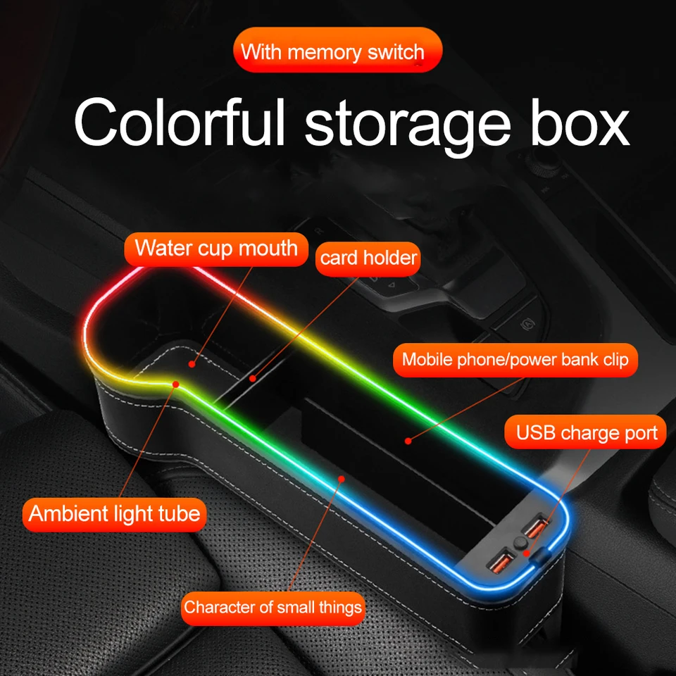Držiak na poháriky flšovania autosedačiek s držiakom 2 USB nabíjačka RGB LED CAR CRIVICE Storage Box predné sedadlo CRIVICE Storage Box