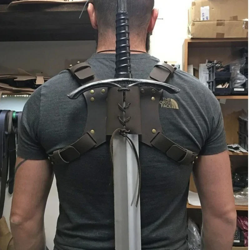 Držiak pásu Sword Držiteľ Zadné dvojité ramenné pochvy Frog Stredoveký kostým rytiersky plášť Katana Kit Rapier Kožené puzdro pre dospelých D69