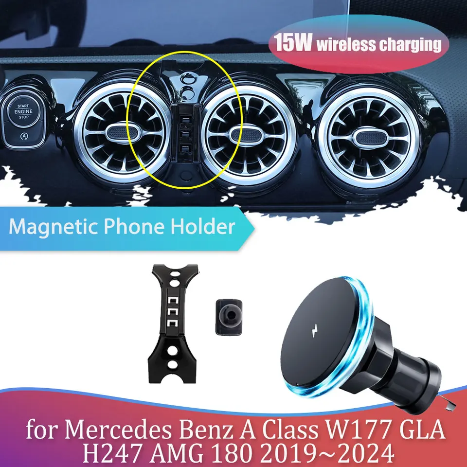 Držiteľ telefónu automobilov pre Mercedes Benz A Class W177 GLA H247 AMG 180 2019 ~ 2024 Magnetická podpora bezdrôtové nabíjacie príslušenstvo iPhone