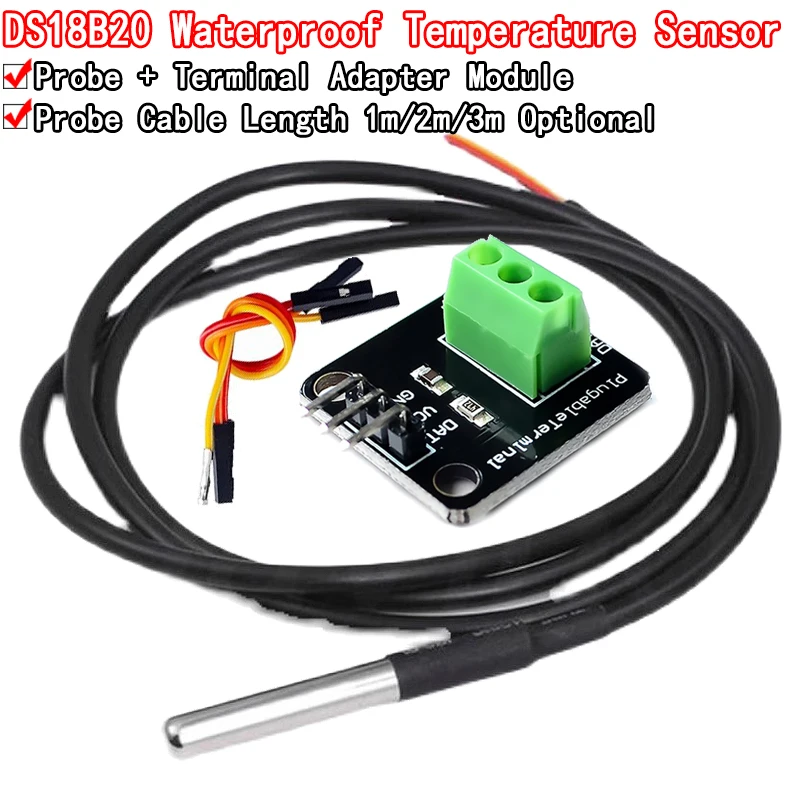 DS18B20 Teplotný senzor modulu Modul Waterproof 100 cm Digitálny snímač kábla z nehrdzavejúcej ocele Terminálový adaptér pre Arduino