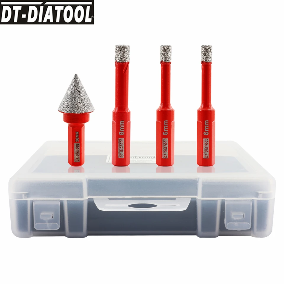 DT-Diatool-4pcs Set Dia 6/8/10 mm diamantové vŕtacie bity súprava súpravy s trojuholníkovou stopkou na dlaždice Cutter Bits Bits Bits Drill Cotsfer vŕtačky