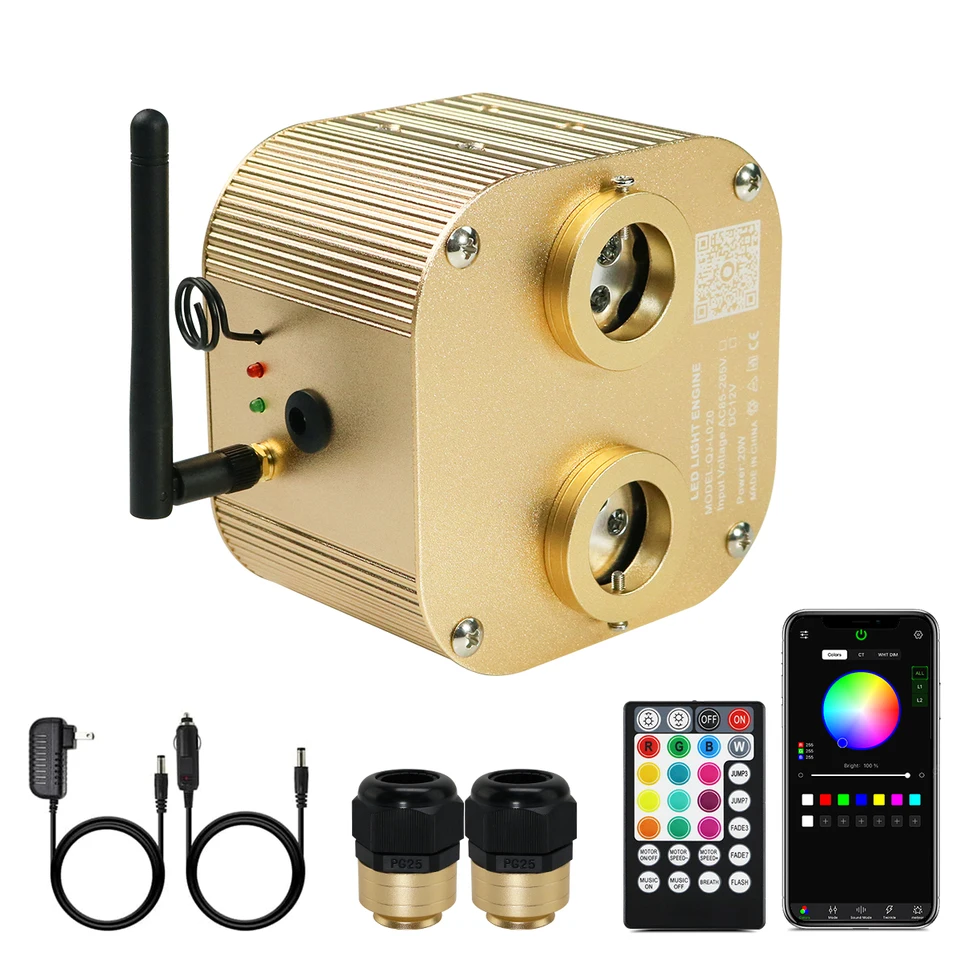 Dual-Head 20W RGBW blikanie Flicker Fiber Optic Star Overhead Light Kit Aplikácia Hudba ovládanie auta oblohu auto strecha oblohy optické svetlo optické