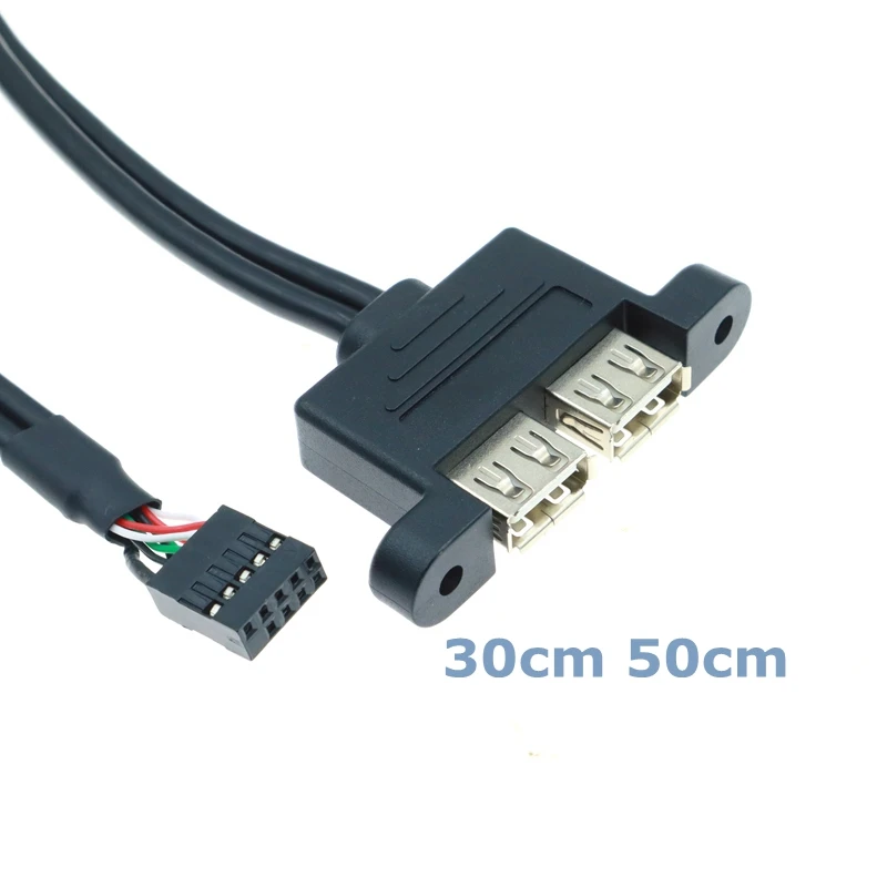 Dual USB 2.0 Typ ženskej hlavy na počítačový puzdro Základná doska 9-kolíkový kábel hlavy so skrutkovým panelom Hole Hole Dosky 30 cm 50 cm