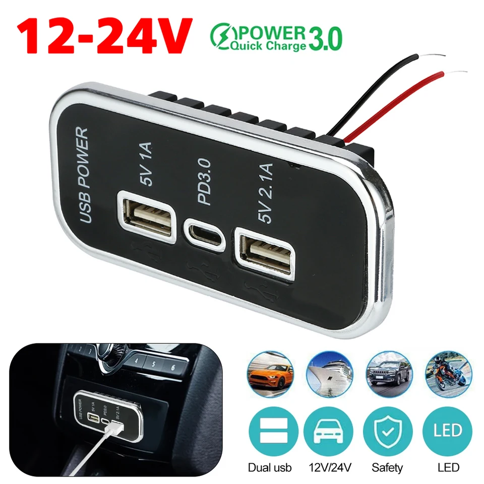 Dual USB Socket Adapter 12/24 V nabíjačka automobilu PD Type-C 2.1a 1A pre kamión Camper Caravan Accessories