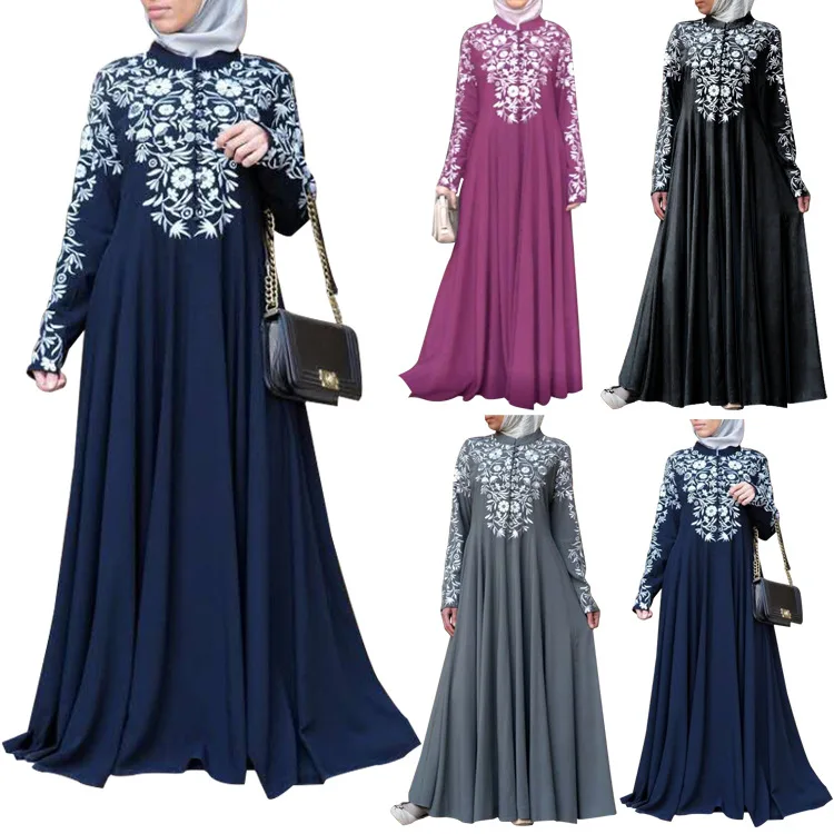 Dubaj Saudské elegantné moslimské šaty potlač kvetinu Islamské modlitebné odevy Ženy Ramadan Rúch kimono etnický modest abayas kaftan s-5xl