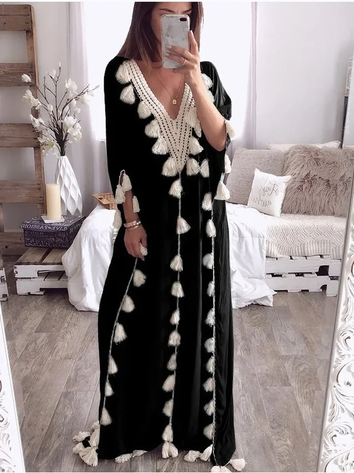 Dubaj Turecko Moslimské šaty Abaya Ženy Ženy boho letné strapce marocké kaftanské slnečné šaty islamské oblečenie dlhé šaty Ropa dlhé rúcho