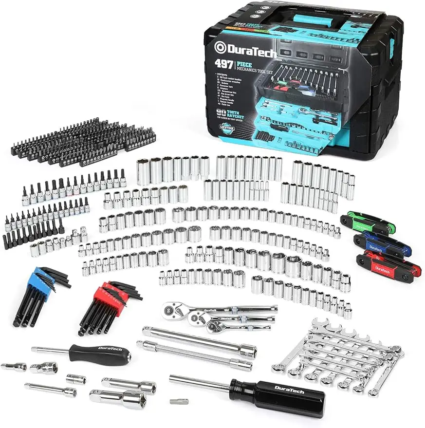Duratech 497-dielna mechanická súprava nástrojov, zahrnutá SAE/Metric Sockets, 90-zubná račňa a kľúč nastavený do 3 zásuvkových nástrojov