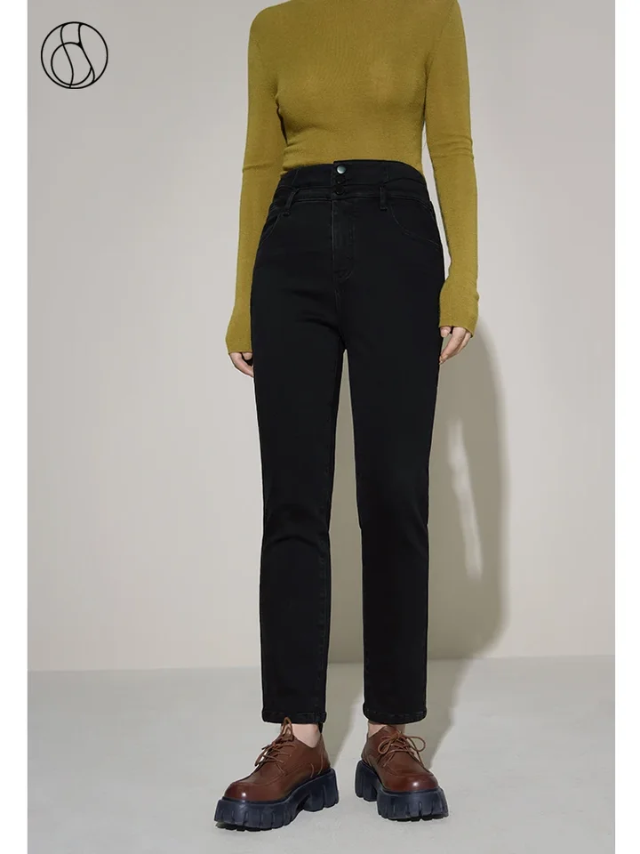 Dushu Commuter Stretch Flocking Warm Black Džínsy pre ženy zima novo módne retro all-match slim fit nohavice Žena