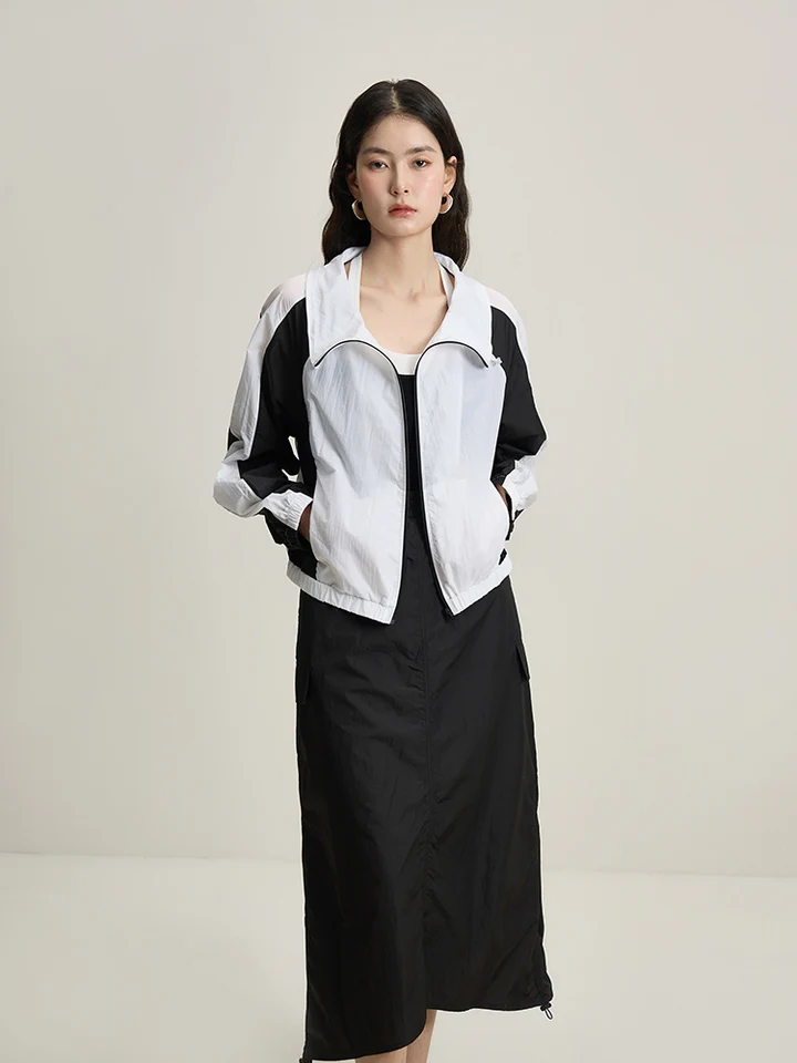Dushu Sun Protecting Coat+Dlhé sukne súpravy Ženy stojan na golier Raglan rukávový paket tenké bundy sukne 24DS82329 24DS82331