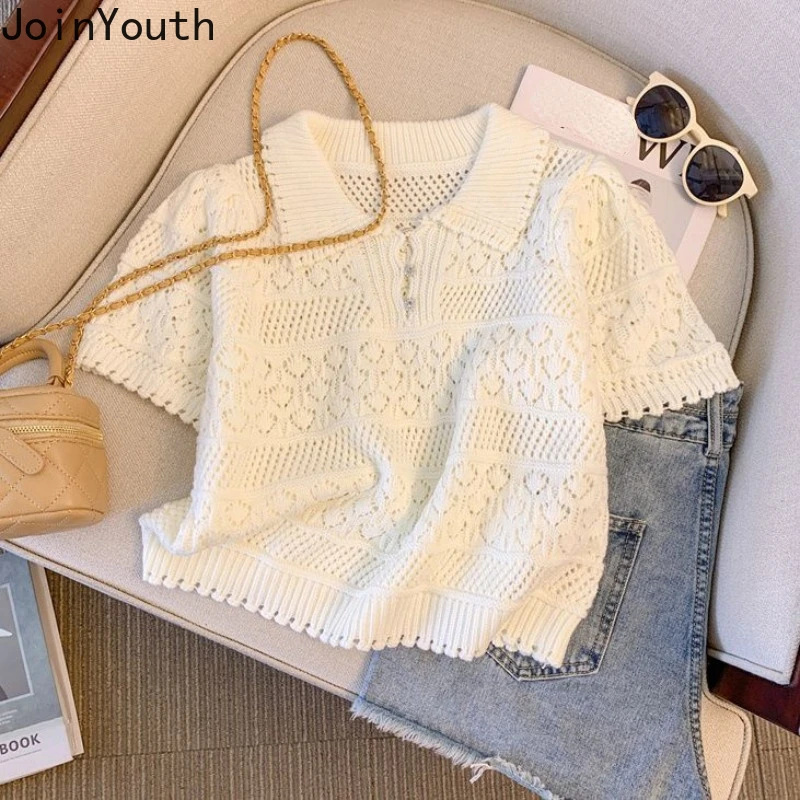 Dutlow Out Pletitted T tričká pre ženy Turndown Collar Krátke rukávy Tees 2024 Ropa Mujer Casual Fashion Summer Kórejské tričká Tops Tops