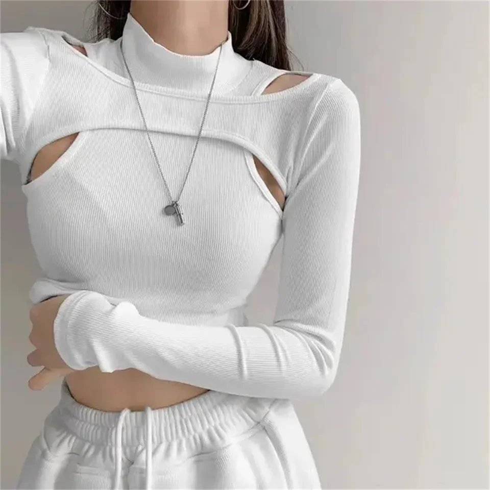 Duté pletené sexy topy Ženy Slim Fitness Falošné dvojdielne tričko Žena módna čierna biela dlhá rukáv