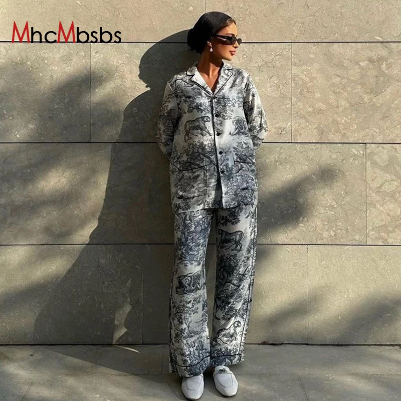 Dvojdielne sada Dámske tlačové oblečenie Vintage klopa s dlhým rukávom gombíky hore blúzka Top+Vysoký pás Príležitostné nohavice 2024 Nové streetwear