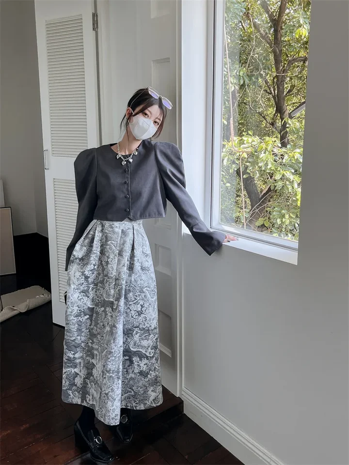 Dvojdielne súpravy dámske outifits temperament sukňa s dvoma kusmi oblek roupas femme s dlhým rukávom Tops Tops Tet-Farday Vintage sukňa