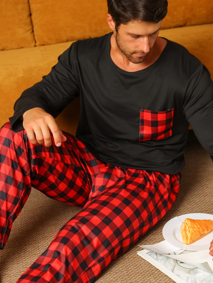 Dvojdielne súpravy pánske pyžamy na jeseň a zimné nohavice s dlhým rukávom.