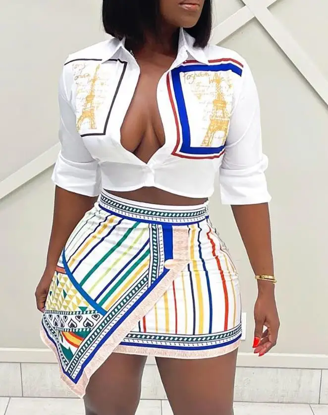 Dvojdielne súpravy Ženy outfit 2024 Summer Fashion Graphic Graph Gompleted Turnwow-Down Trpl-Down Trowh a pruhovaná asymetrická sukňa