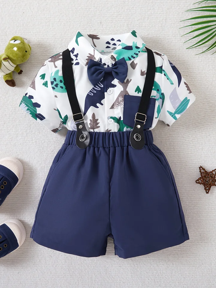 Dvojdielny gentleman roztomilý dinosaurus Print Bow vrecko košeľa+šortky na párty set