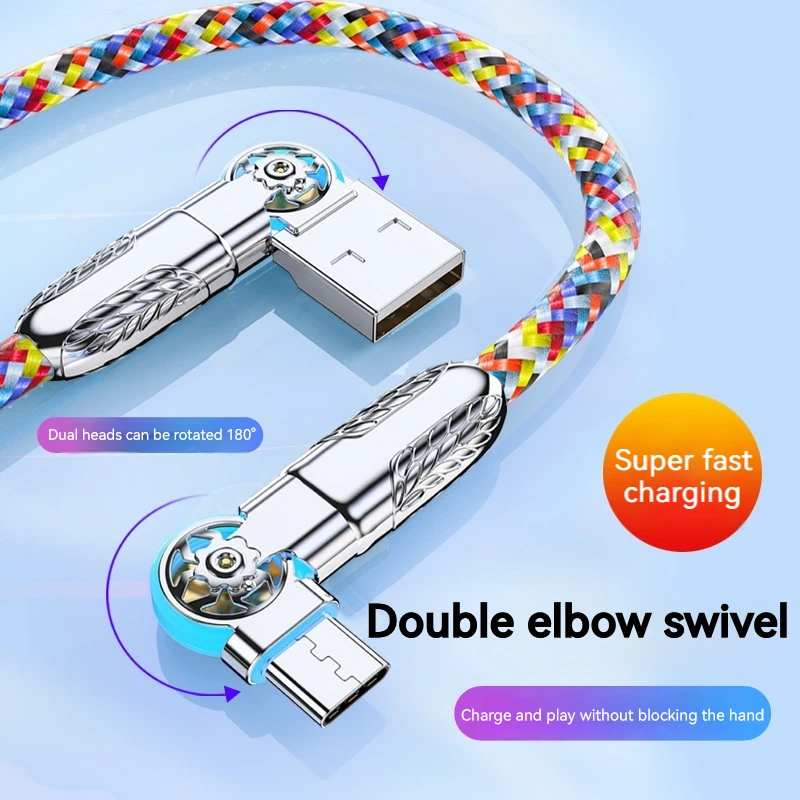 Dvojitá rotácia lakťa USB A do typu C Rýchle nabíjanie kábla Nylon Pletel Cable Cable Zinok Dátový kábel pre Xiaomi Huawei