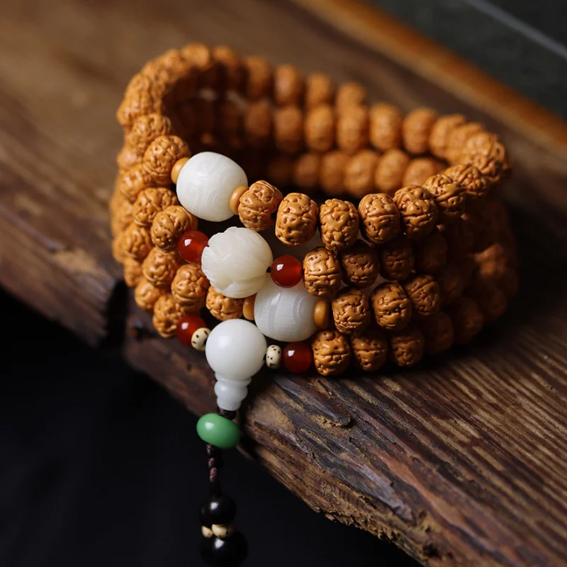 Dvojitá textúra Small Jingang 108 náramky Corpulentný kráľ stromov pahýľ Bodhi Root Carving Príslušenstvo Rudraksha r