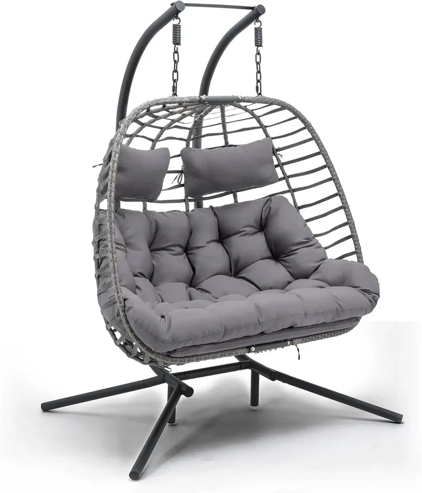 Dvojité kreslo s vaječným stoličkou so stojanom pre vonkajšie a vnútorné použitie, útulné 2 osoby Swing Egg Stoličky, skladacie zavesenie Loveseat (tmavo šedá)
