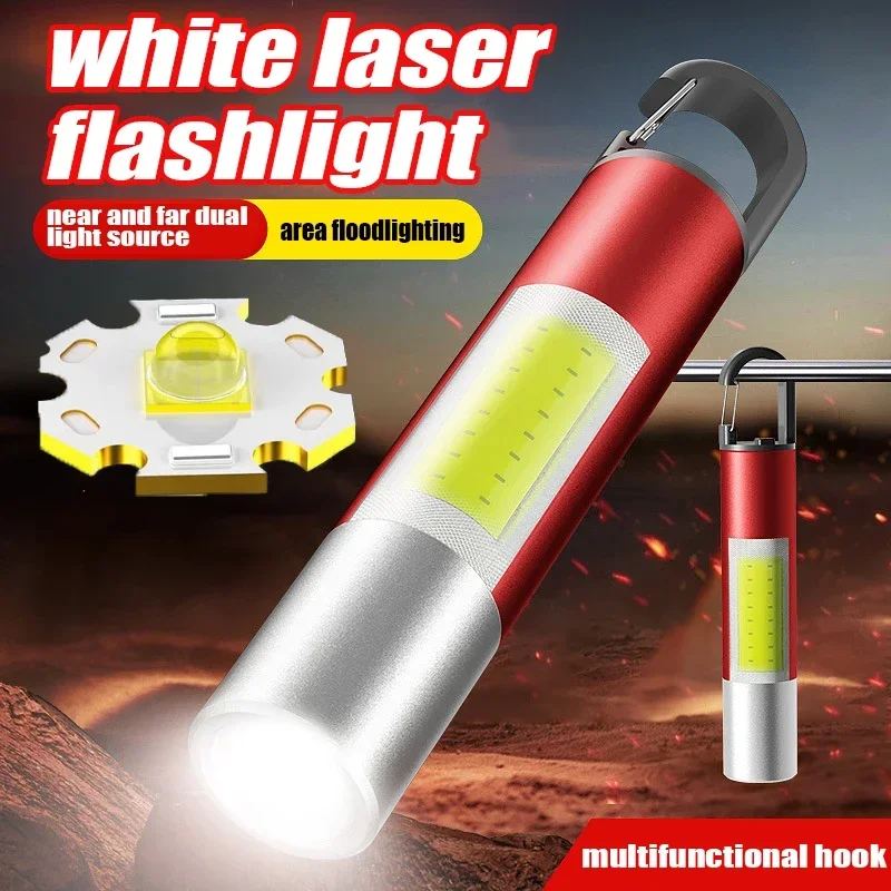 Dvojité svetelné zdroje baterky 18650 Nabíjateľný biely laserový pochodeň 5 režimov Svetlo so zavesením hák na bočné kempingové kempingové lampa