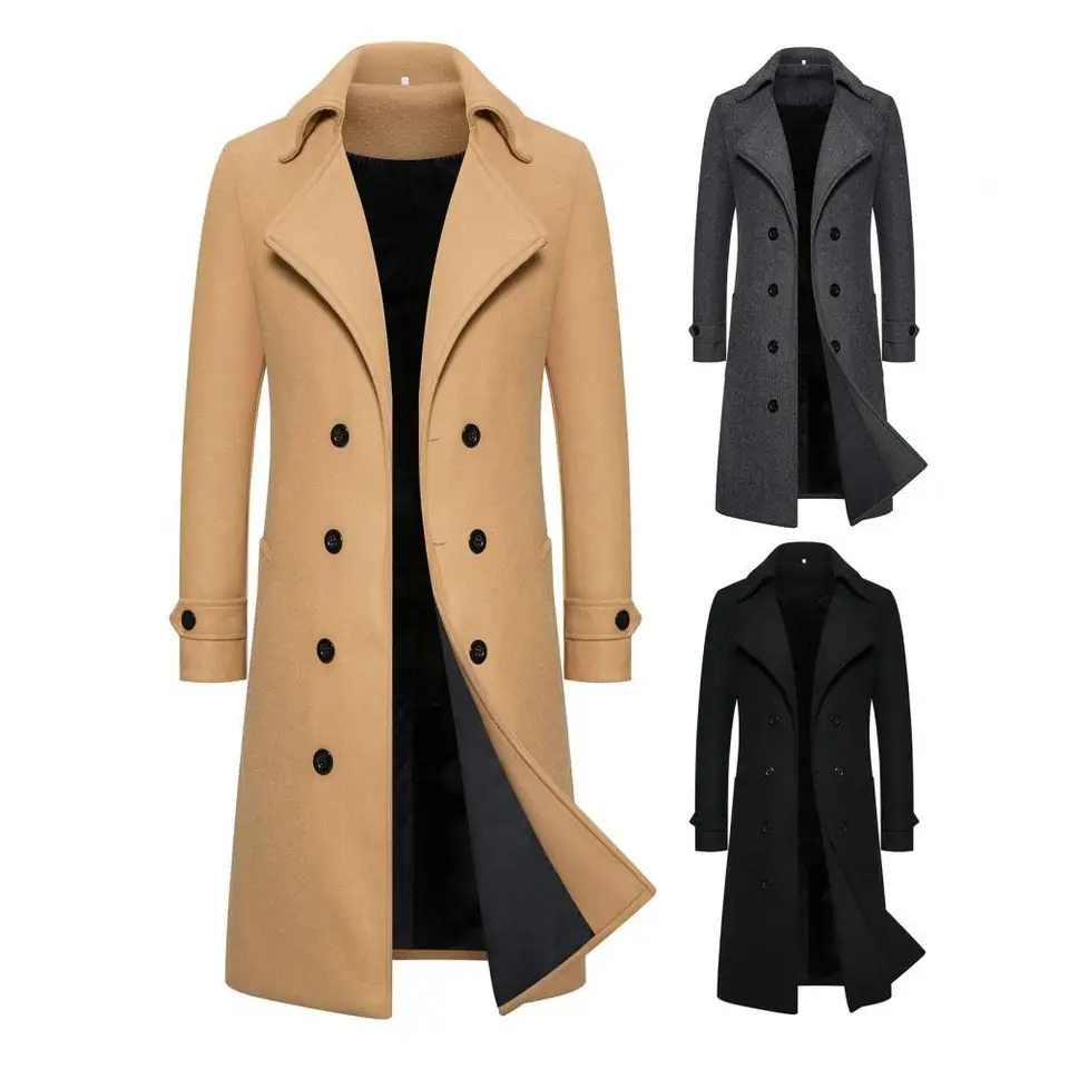 Dvojitý dojčený priekopa Men vlnený kabát Slim Fit Laskle Gombíky Hrubý britský štýl Muži z kabátu Formálny obchodný kabát