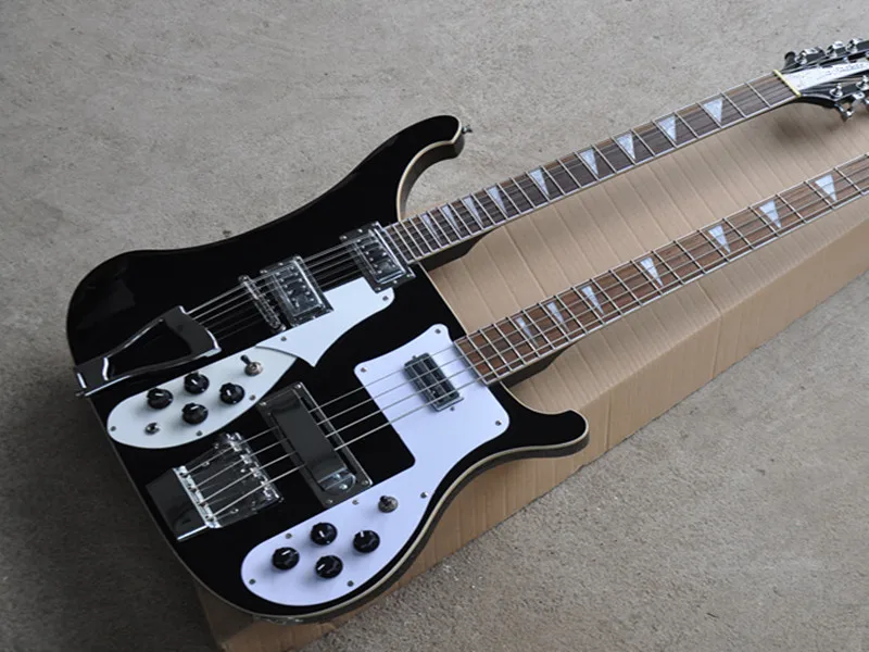 Dvojitý krk Čierne telo Elektrická basová gitara s bielym pickguardom, chrómový hardvér, poskytujte vlastnú službu