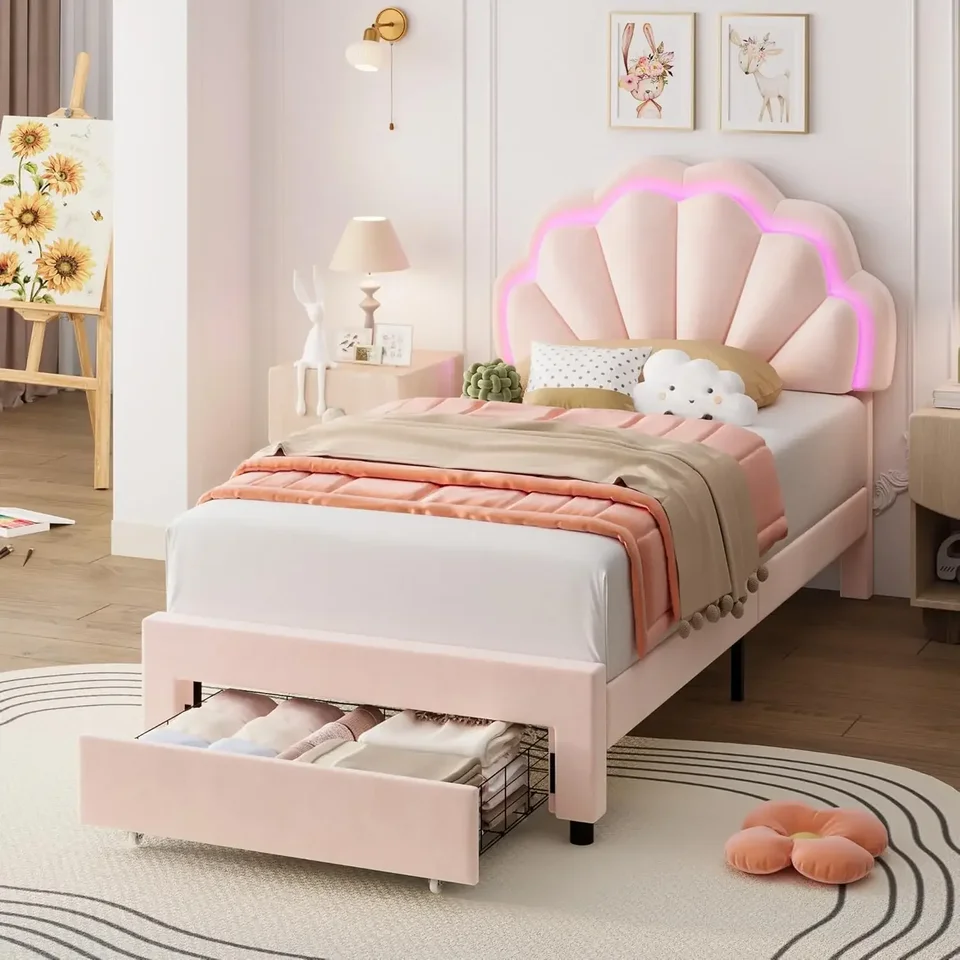 Dvojl čalúnené inteligentné LED rámec LED s úložnou zásuvkou a nastaviteľnou elegantnou dvojitou čelnou čelnou čelnou doskou princezná posteľ princeznej