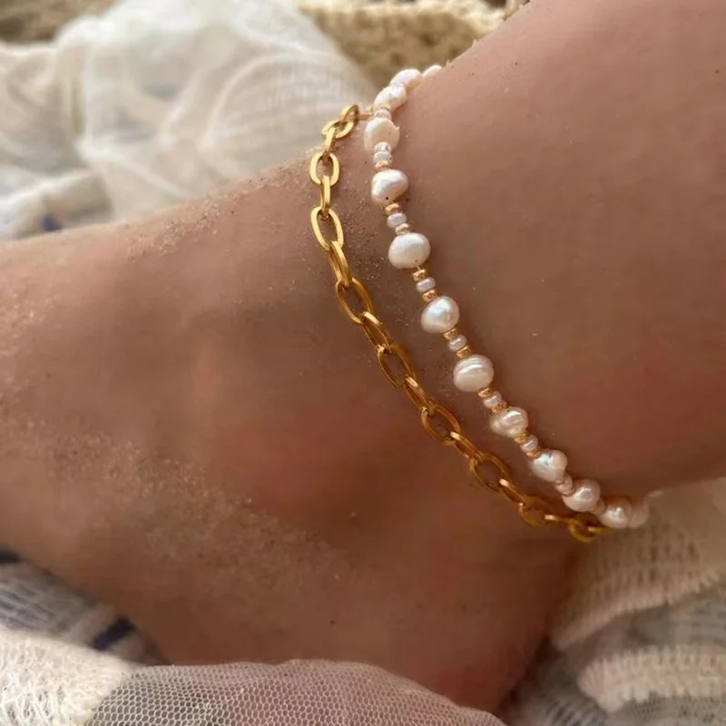 Dvojvrstvová simulovaná perlové členky pre ženy vintage zlaté strieborné farebné členok náramok boho plážové šperky letné doplnky