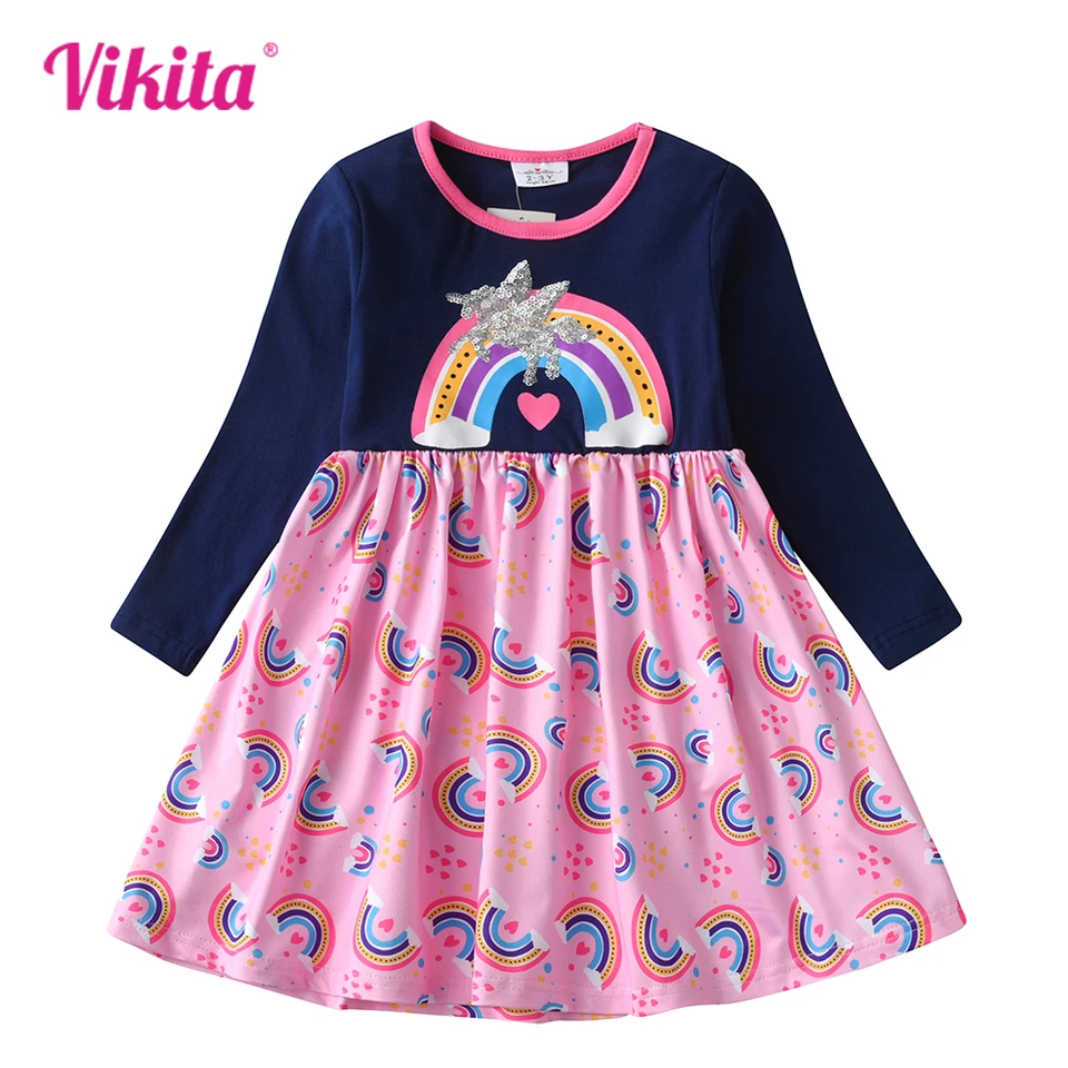 Dxton Girls Rainbow UniCorn Print Dress DetS s dlhým rukávom Jeseň Spring Casual Daily Dayes Dievčatá Patchwork Vestidos 3-12 rokov