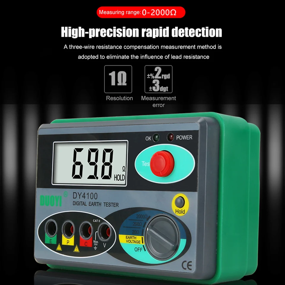 Dy4100 Digitálny zemský meter Zemný odpor 0-2000 Ohm Tester napätia