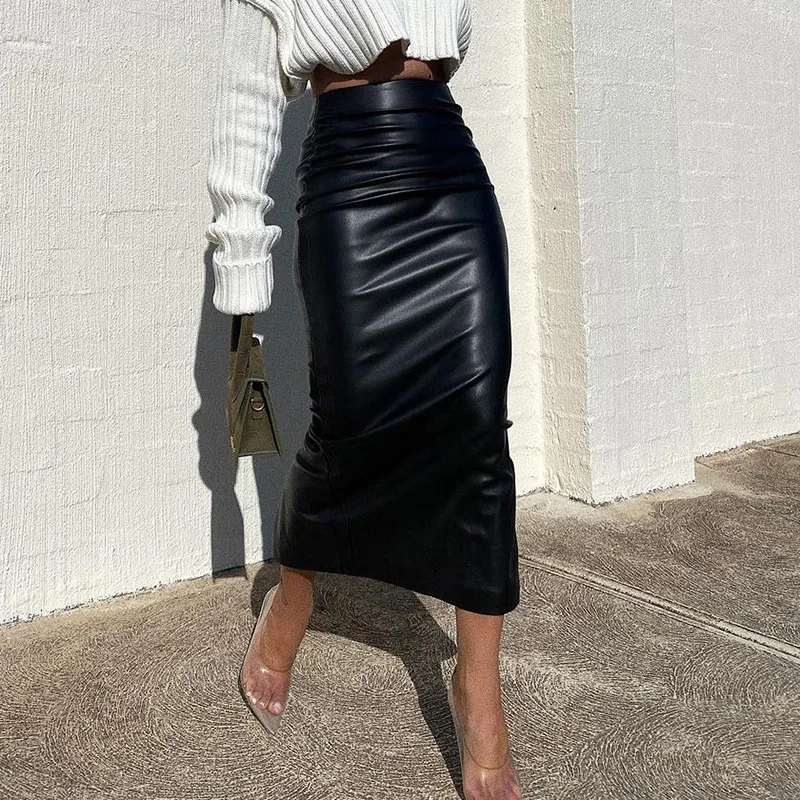 Dámska chudá faux koža Split Midi sukňa sexy čierna dlhá sukňa klub y2k vysoký pás Bodycon Pu Streetwear Spring Autumn