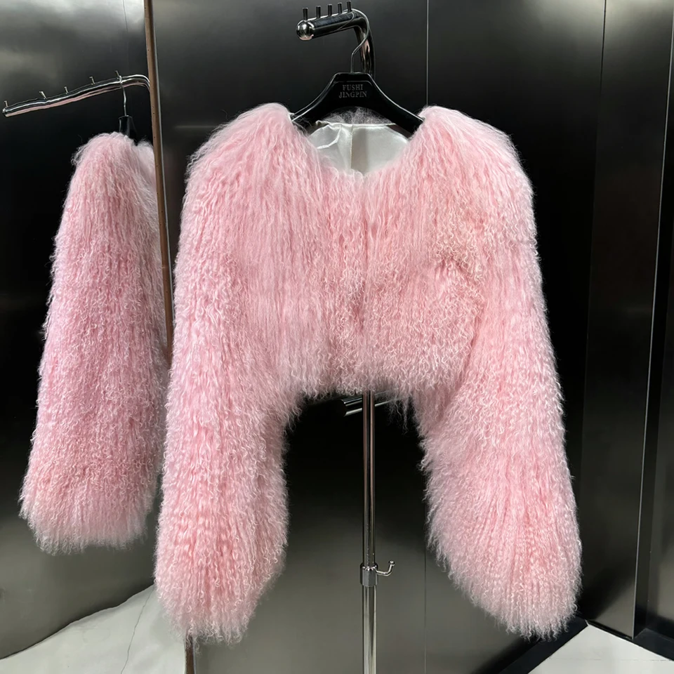 Dámska detská ružová skutočná mongolia ovčie kožušinová bunda Fluffy Cropped Bunda 2024 Zimné streetwear