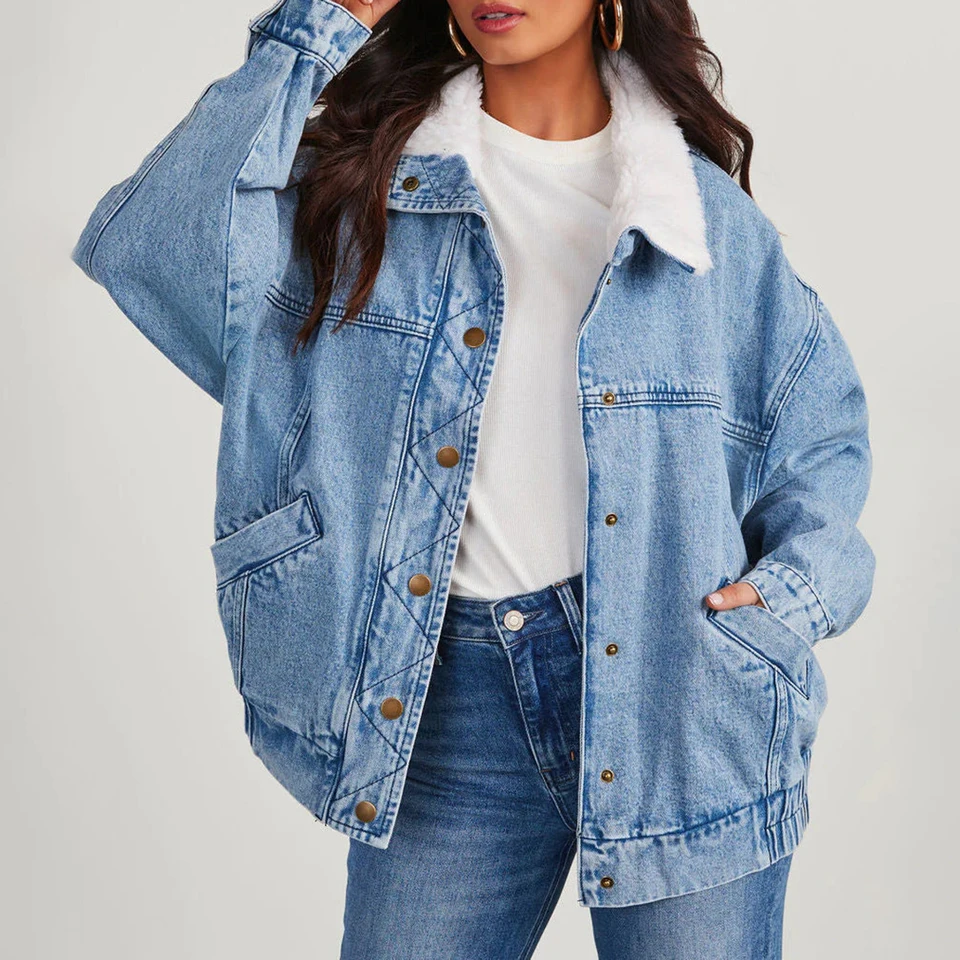 Dámska džínsová bunda s fleece golier ležérne dlhé rukávy gombík dole priateľ Jean bunda cyklistický kabát Winter Fall Streetwear